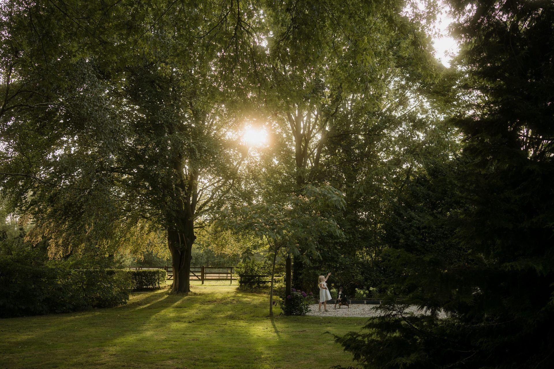 Kind speelt met hond in de tuin van de Brennerhoeve tijdens zonsondergang